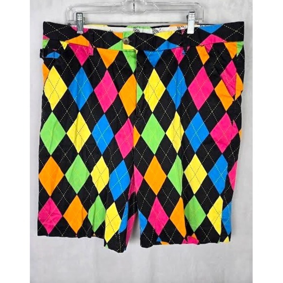 Royal & Awesome Shorts Mens 40 Black Blue Diamond Argyle Golf Chino Colorful PGA - Picture 1 of 8